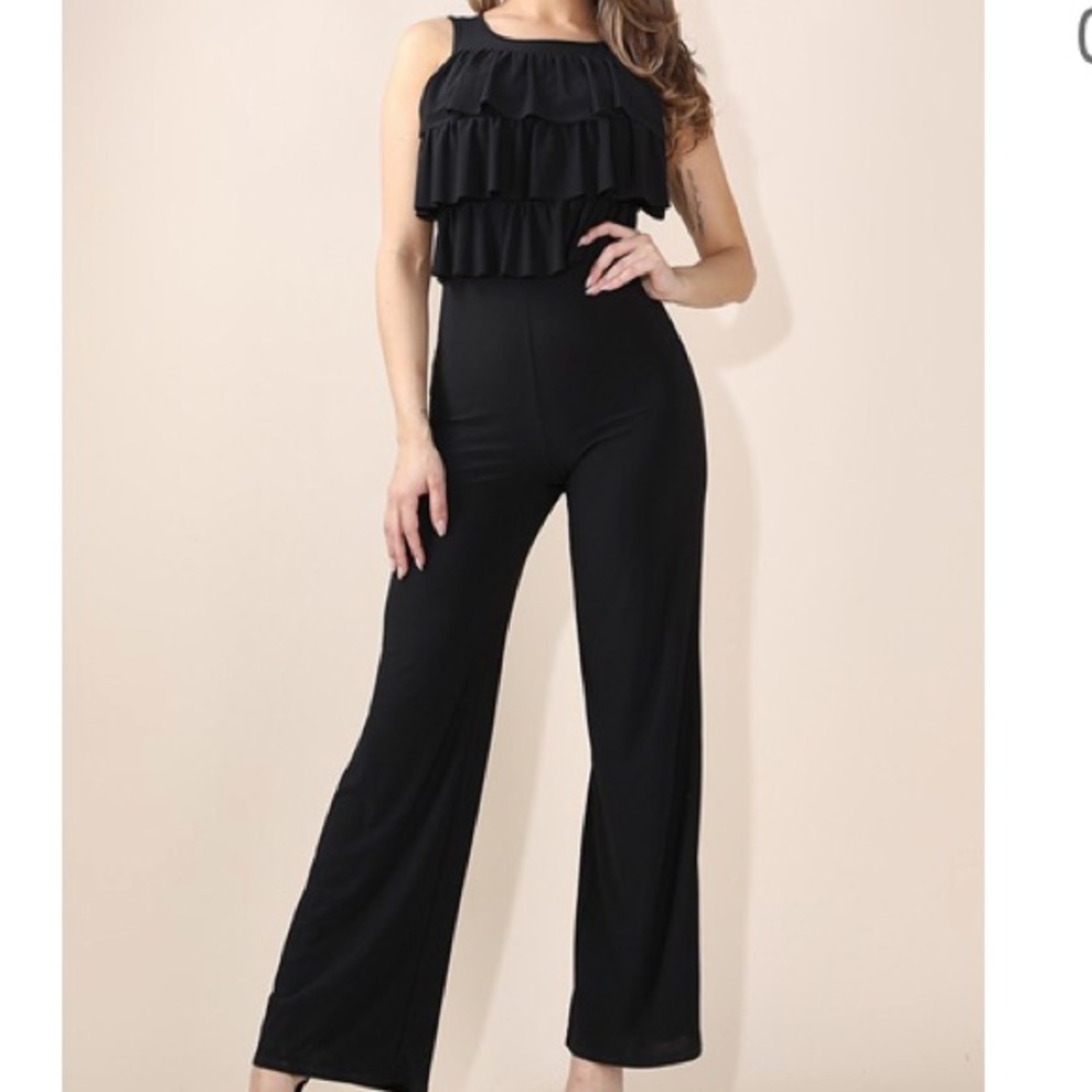 Black Ruffle Catsuit Jumper Romper Stretch